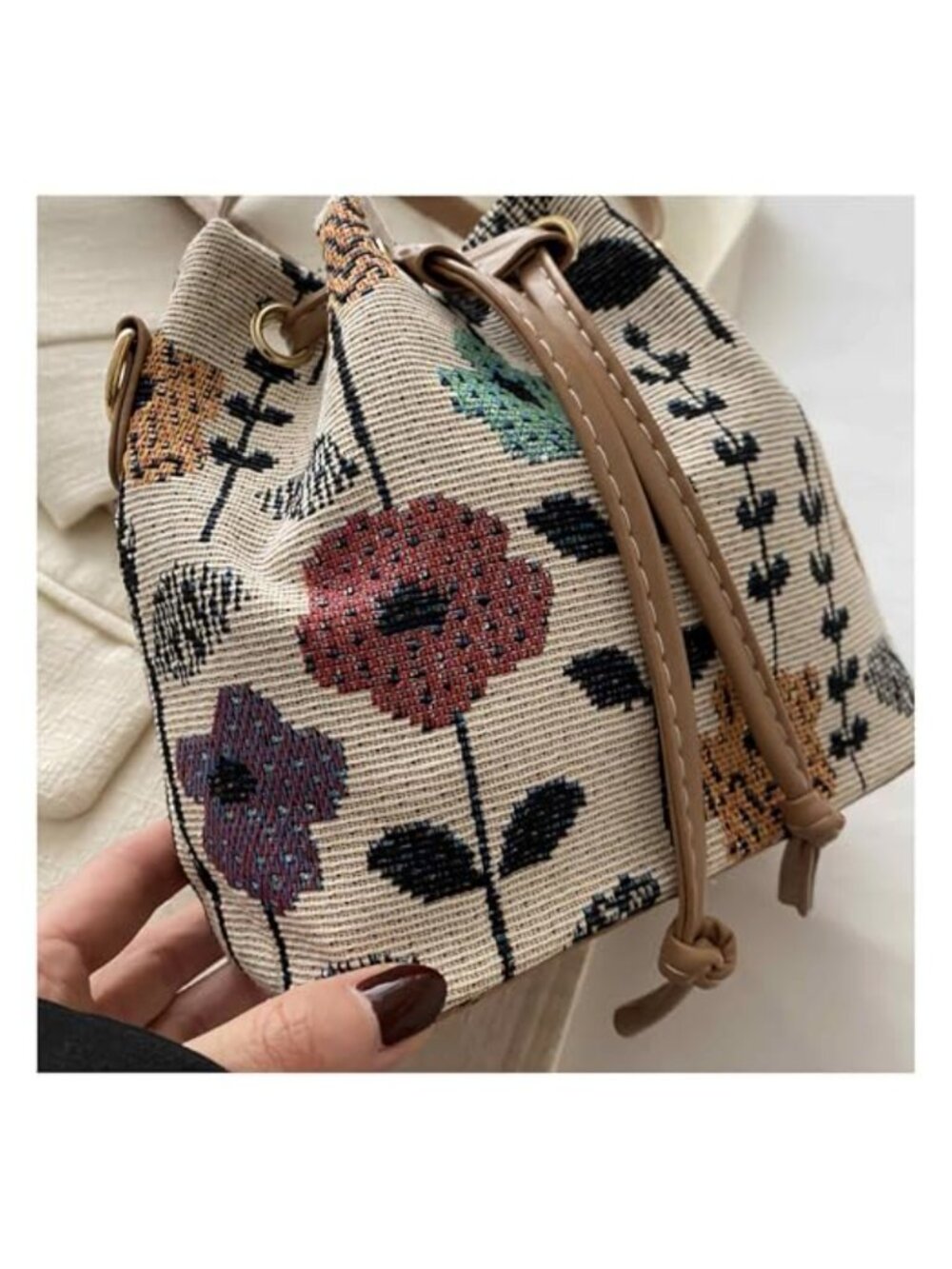 Mini Floral Embroidered Bucket Bag Drawstring Shoulder Purse - Picture 2 of 6